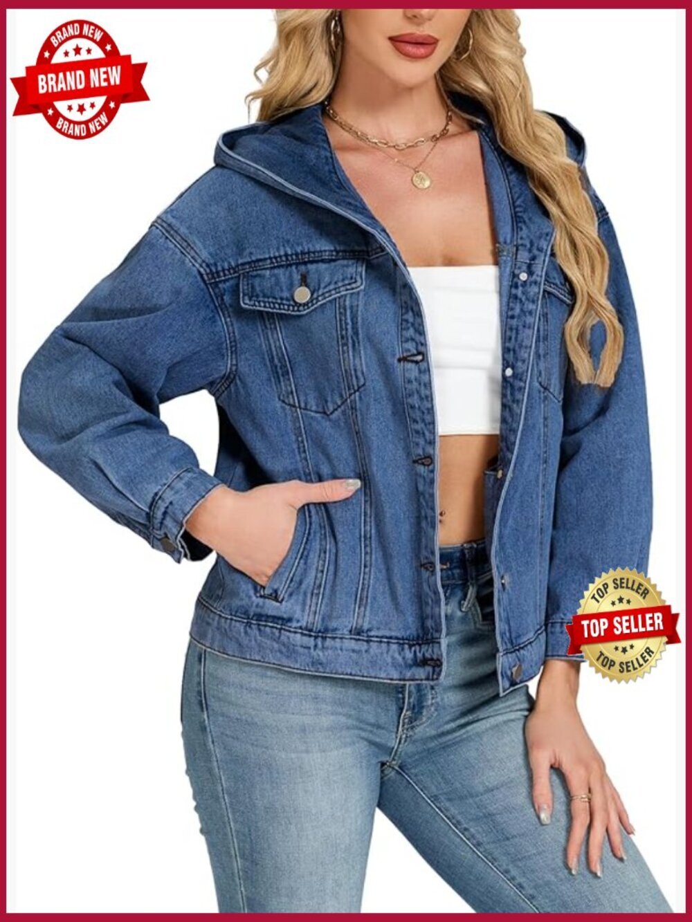 Oversized Hooded Denim Jacket Long Sleeve Button Down Shirt Coat